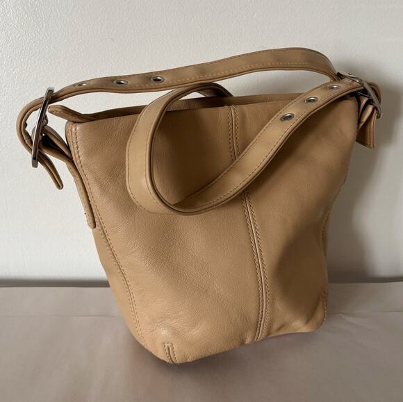 Aurielle Handbags - Tan Aurielle Genuine Leather Over the Shoulder Bucket Bag